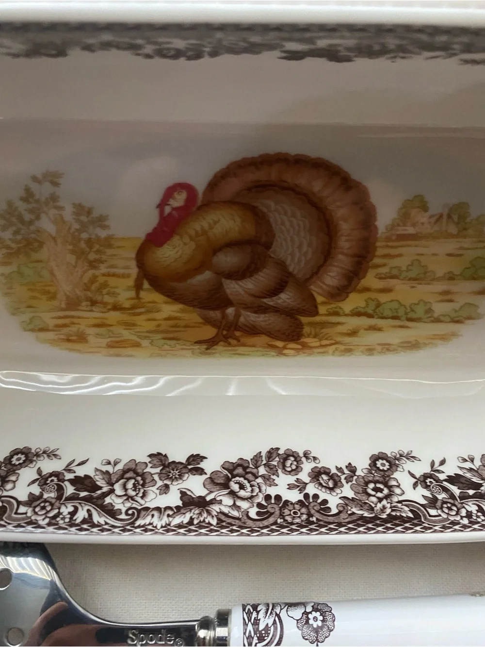 Spode Brown and Cream Turkey Serving Dish with Matching Slotted Spoon